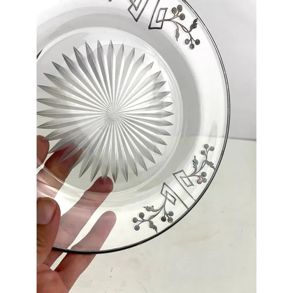 VTG Sterling Silver Overlay Starburst Etched Glass Plate 7.25" - Picture 5 of 16